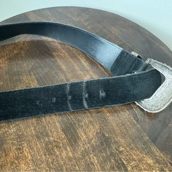 Black 100% Suede Cowboy Belt with Silver Buckle - Picture 2 of 4